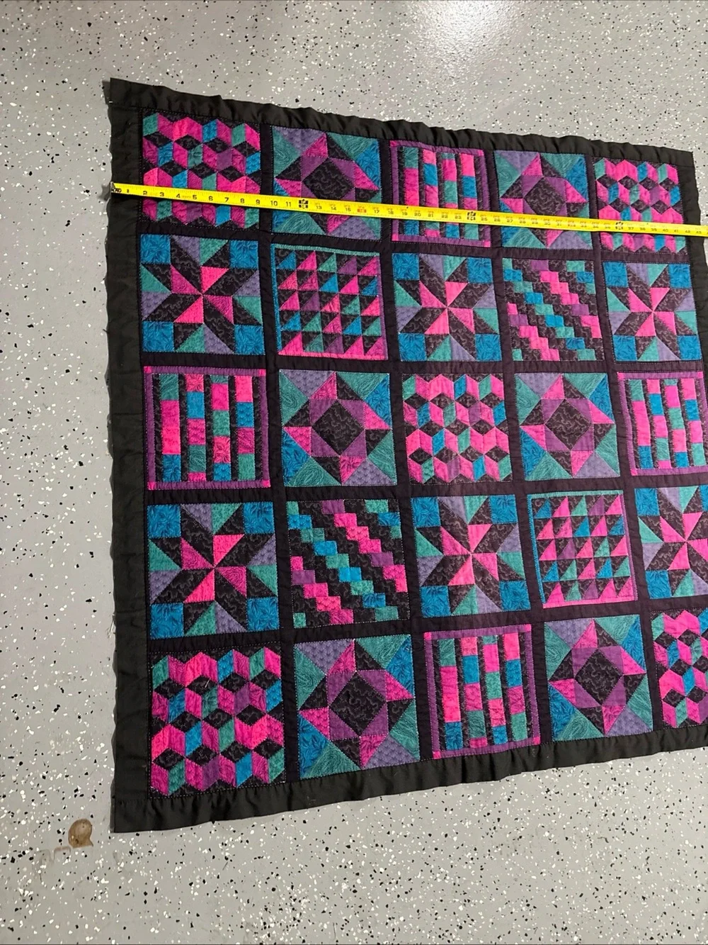 Handmade Hand Quilted Patchwork Quilt in Pink, Teal & Black